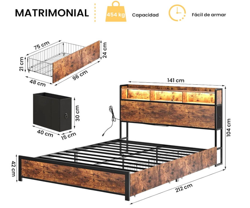 Base de Cama  y Cabecera Matrimonial con 2 Cajones, Luces LED, 2 Salidas de CA y 2 USB