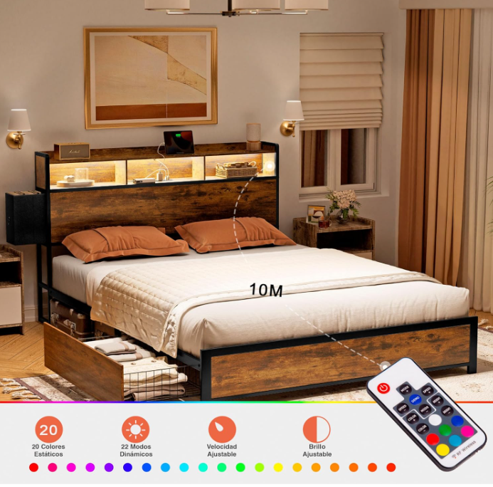 Base de Cama  y Cabecera Matrimonial con 2 Cajones, Luces LED, 2 Salidas de CA y 2 USB