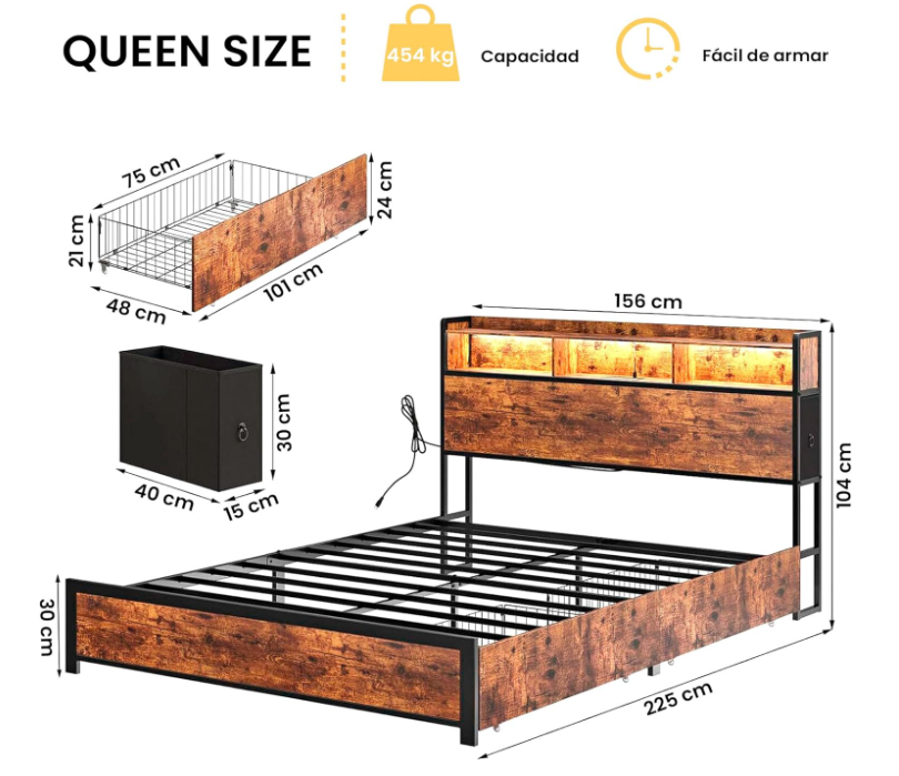 Base de Cama  y Cabecera Queen Size con 2 Cajones, Luces LED, 2 Salidas de CA y 2 USB