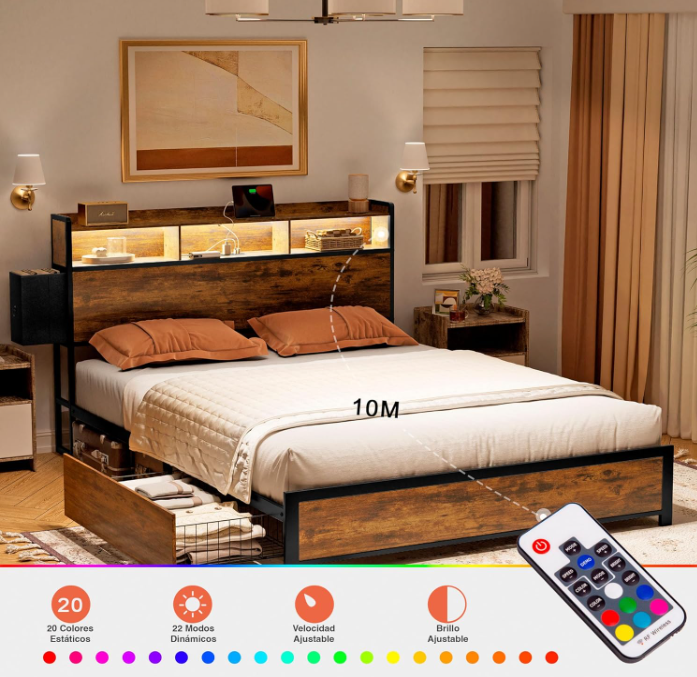 Base de Cama  y Cabecera Queen Size con 2 Cajones, Luces LED, 2 Salidas de CA y 2 USB