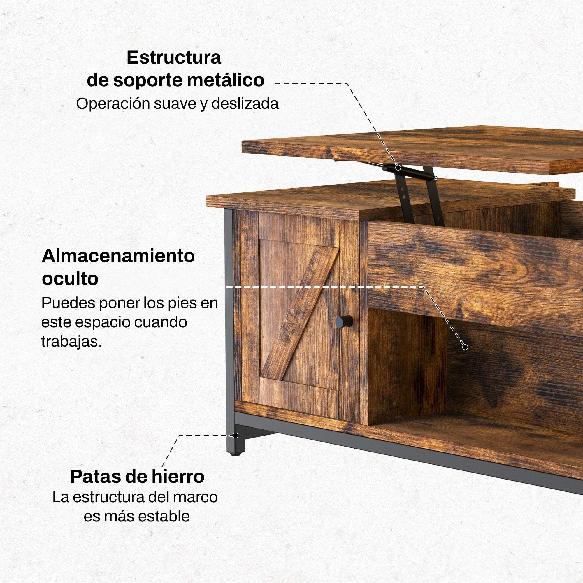 Mesa de Centro Elevable de 41.7" Estilo Rústico