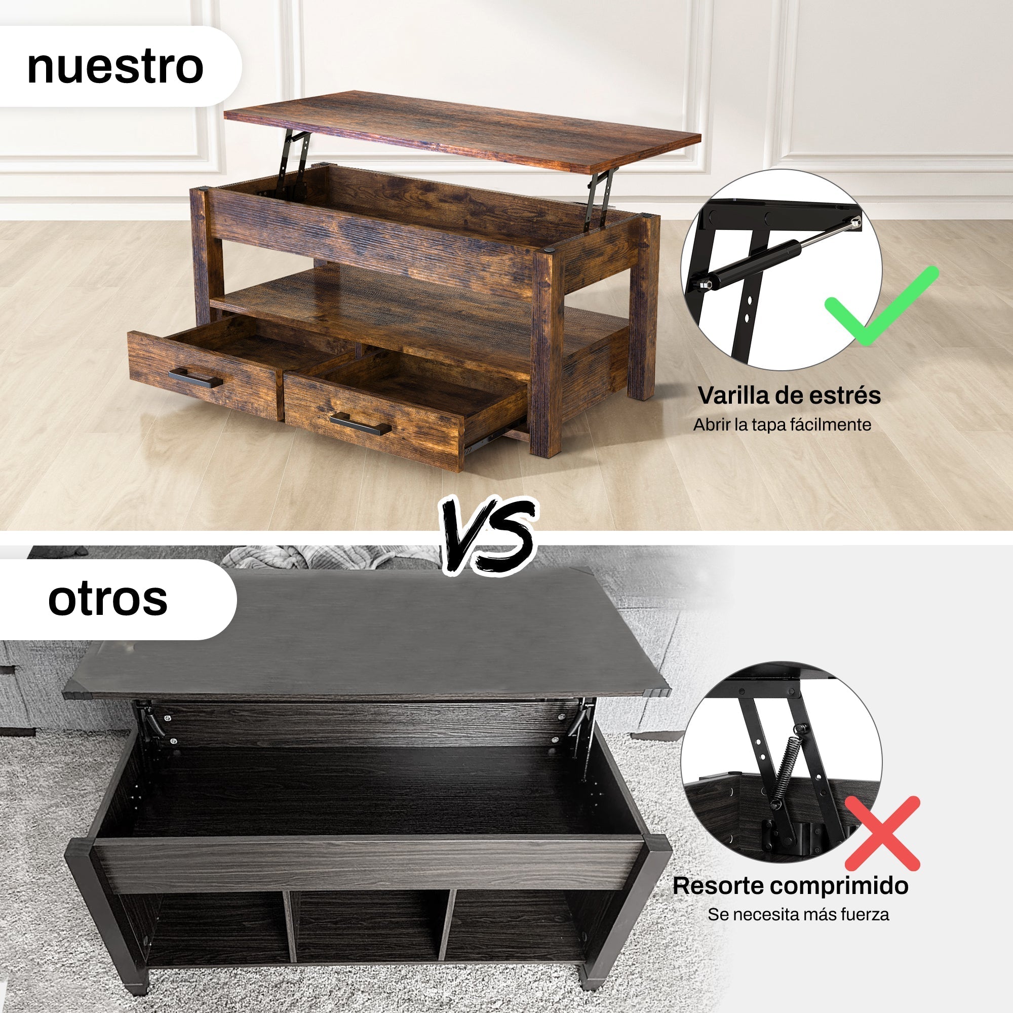 Mesa de Centro Elevable de 41.7" Estilo Rustico