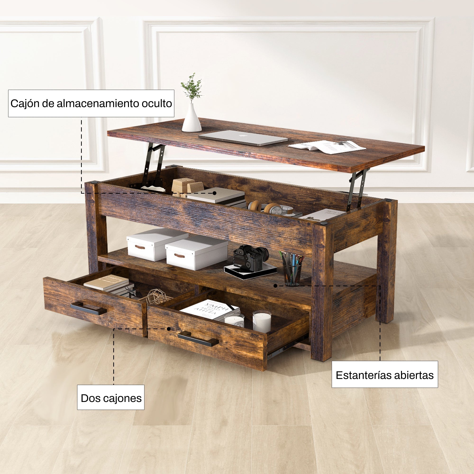 Mesa de Centro Elevable de 41.7" Estilo Rustico