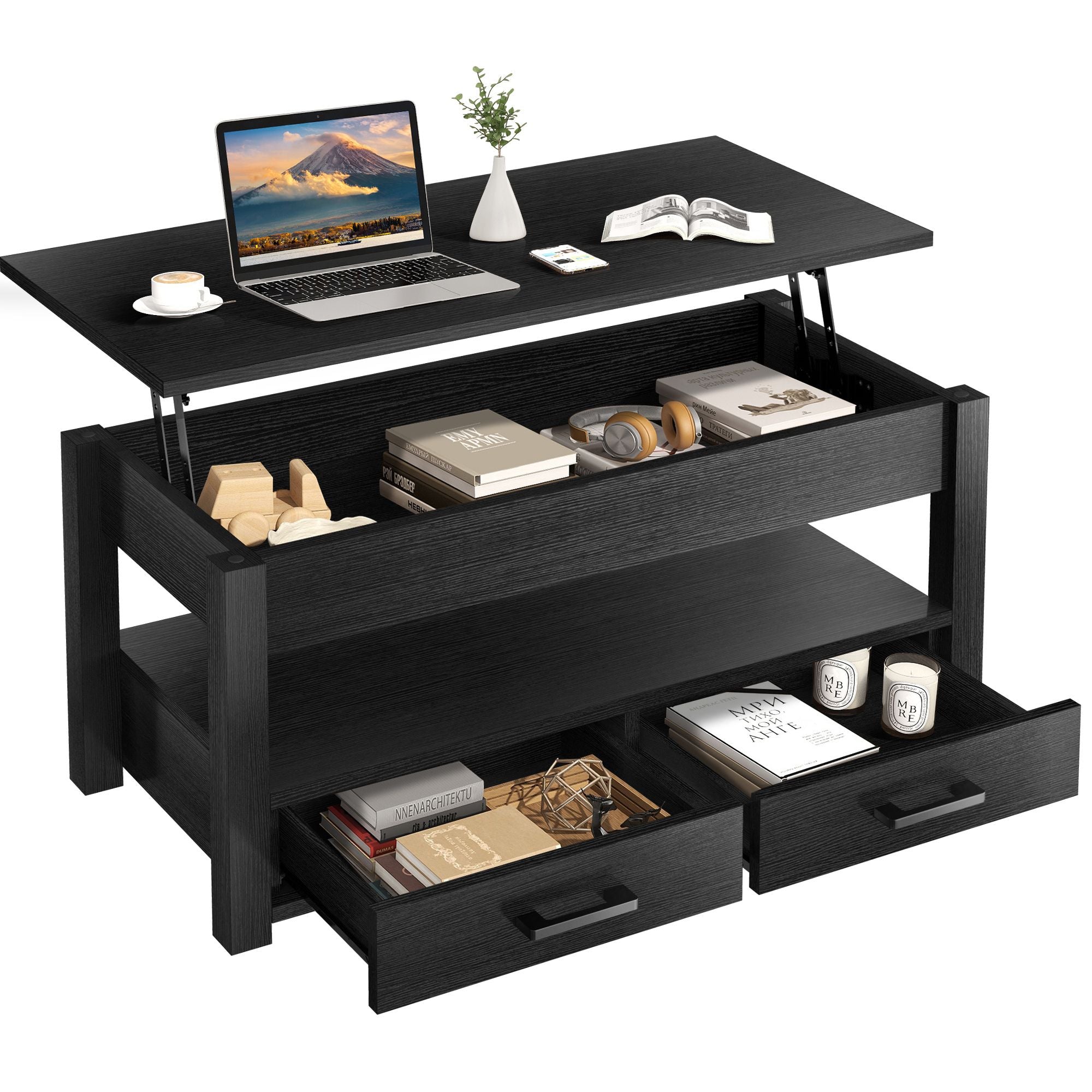 Mesa de centro elevable con 2 cajones de almacenamiento + compartimento oculto, negro