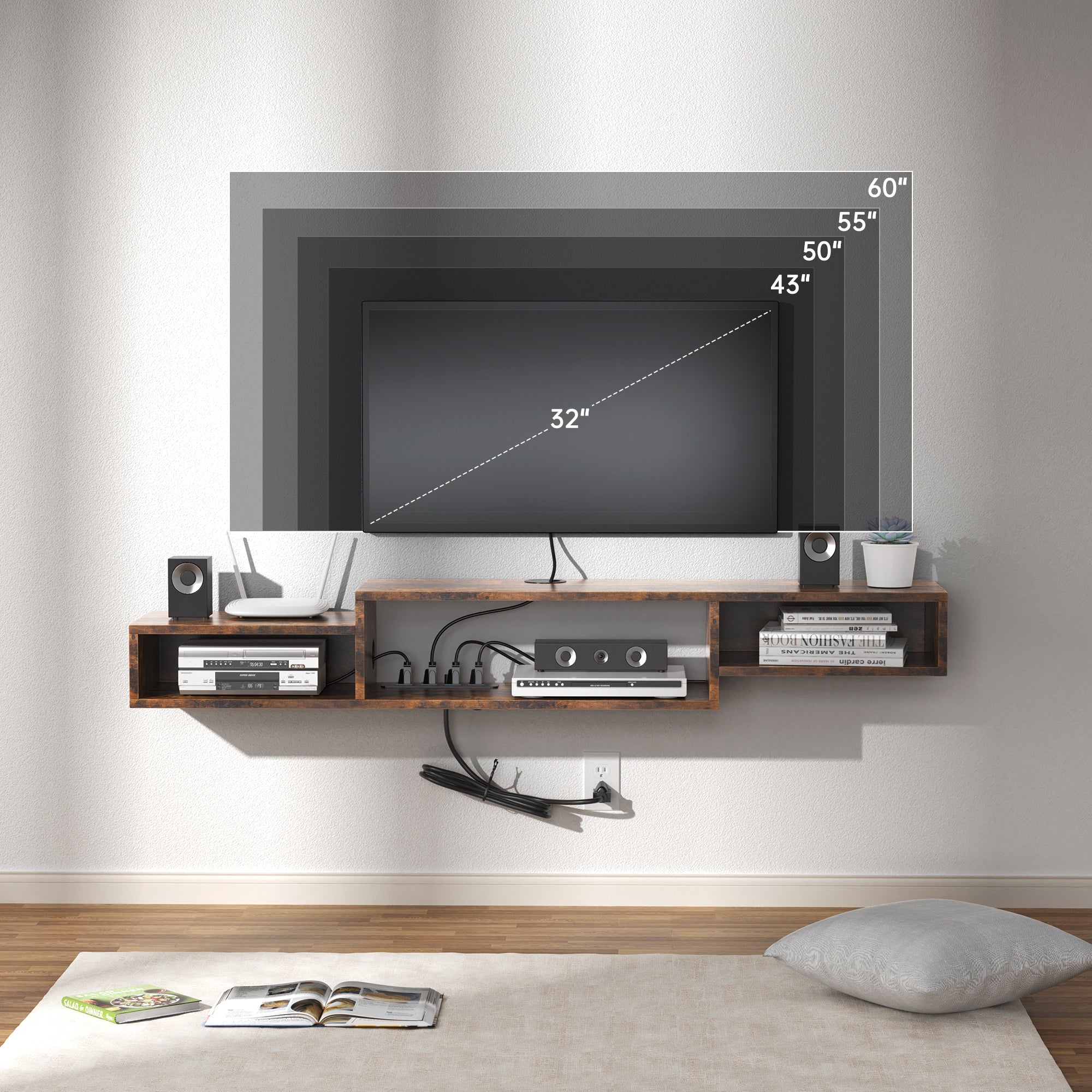 Repisa Flotante de Pared con 4 Enchufes para TV de hasta 59'' Estilo Rústico