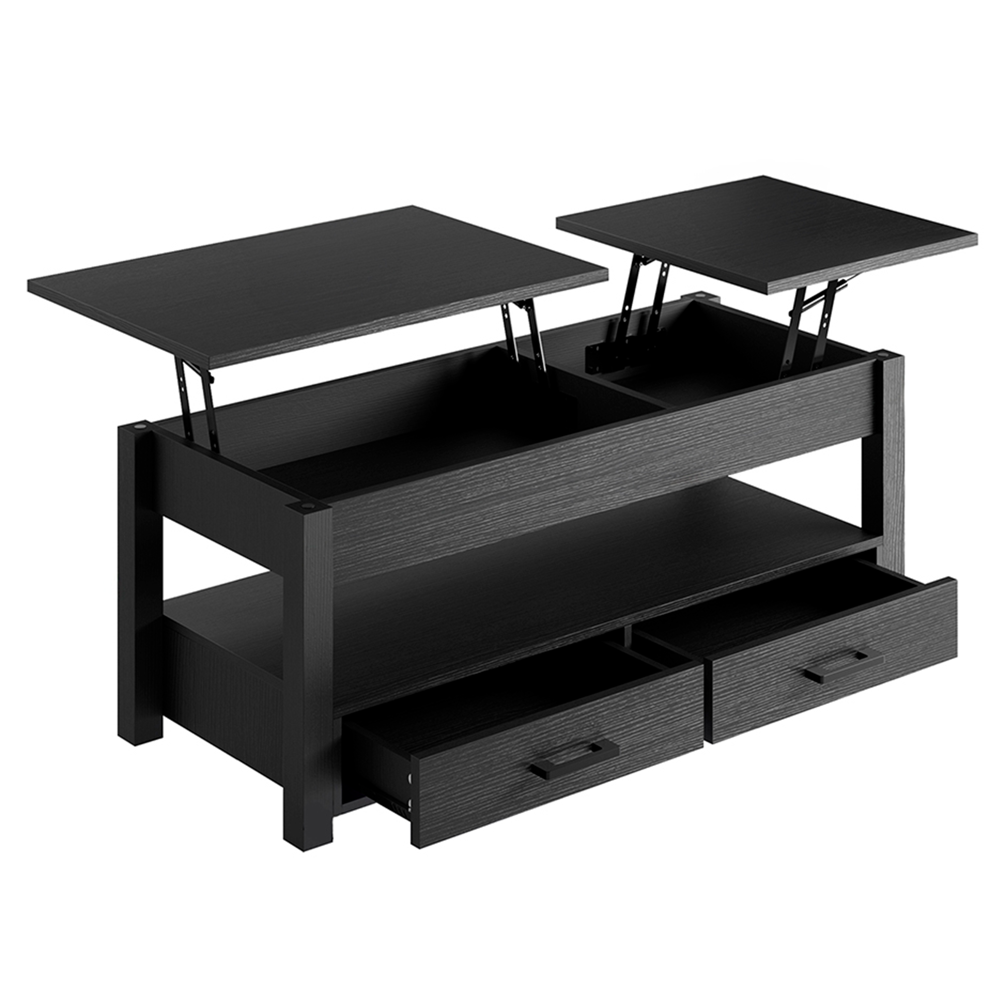 Mesa de café de doble elevación de 47.2" en negro con 2 cajones de almacenamiento y estante abierto.