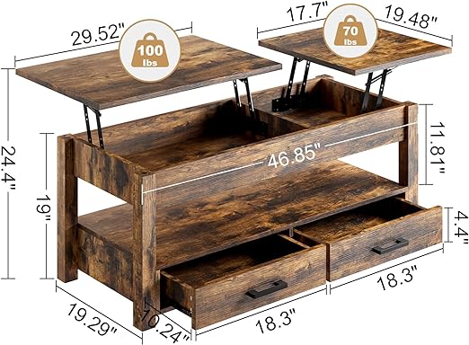 Mesa de Centro Elevable de 41.7" Estilo Rustico