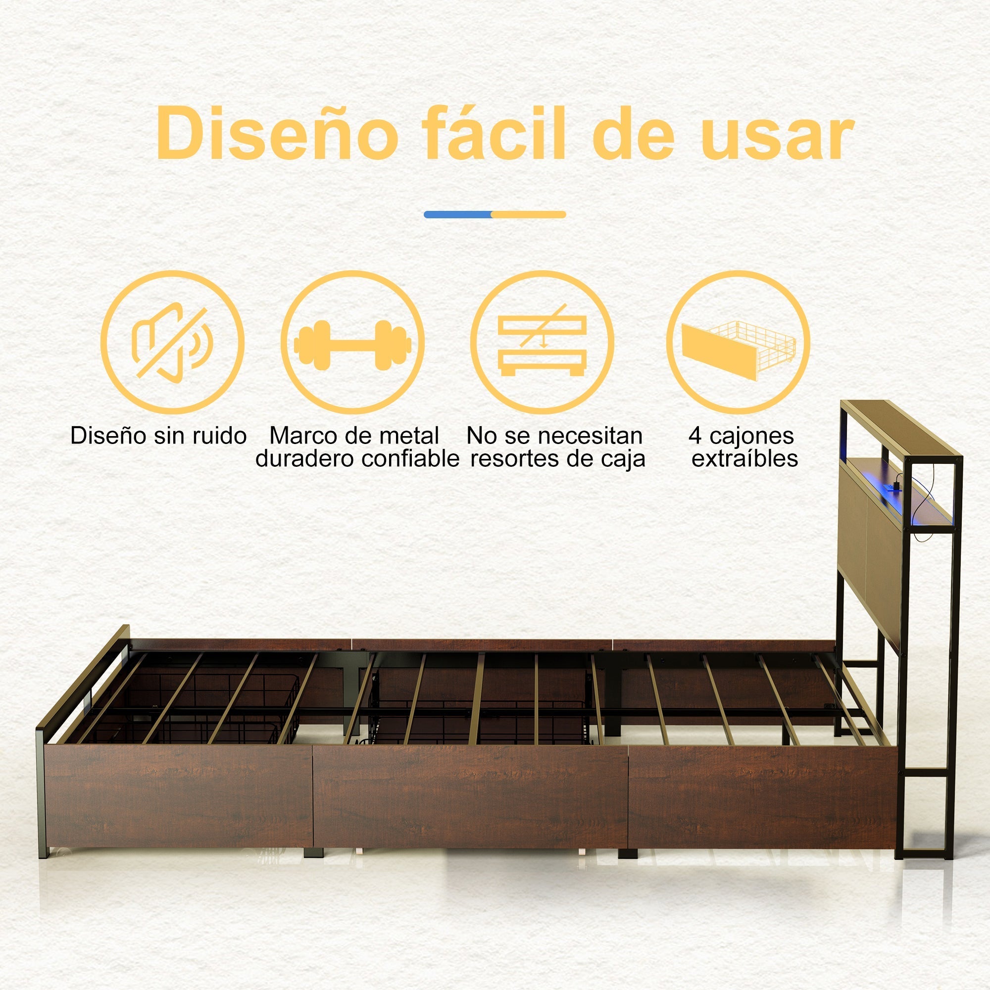 Base de Cama de Madera con Gavetas y Toma Corriente